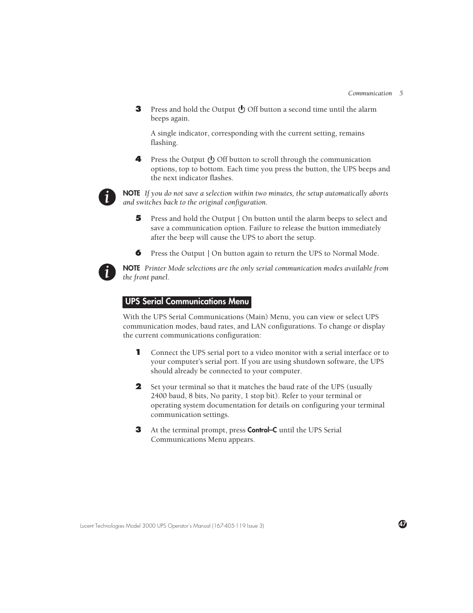 Ups serial communications menu | Lucent Technologies Uninterruptible Power Systems 3000 VA User Manual | Page 57 / 75
