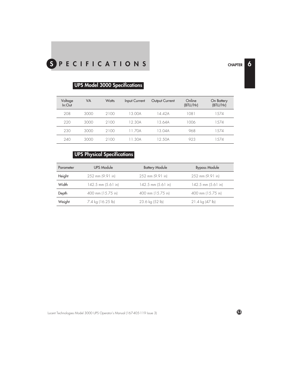 Specifications, Ups model 3000 specifications, Ups physical specifications | 6 specifications, Păăeăăcăăiăăfăăiăăcăăaăătăăiăăoăănăăs s 6 | Lucent Technologies Uninterruptible Power Systems 3000 VA User Manual | Page 63 / 75
