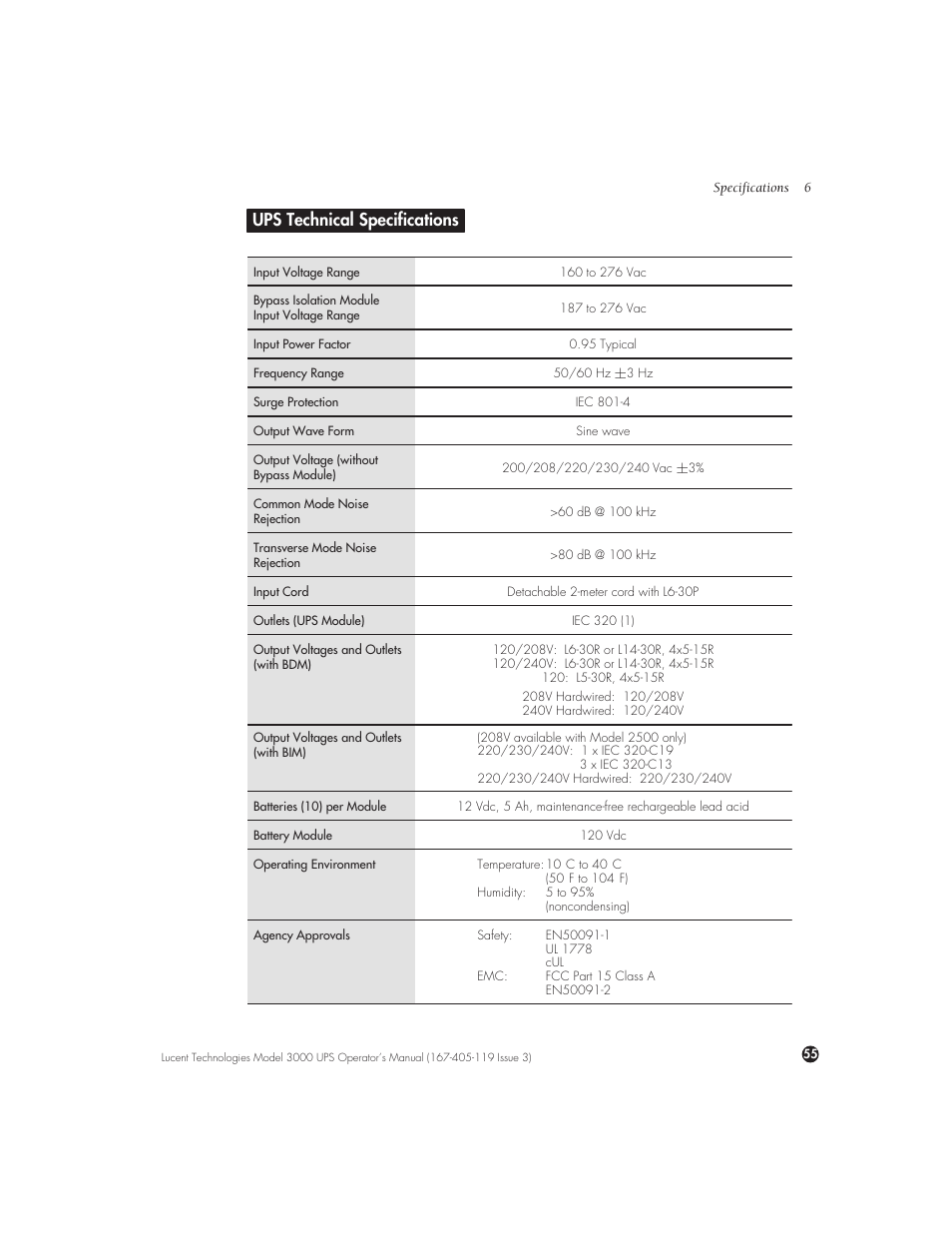 Ups technical specifications | Lucent Technologies Uninterruptible Power Systems 3000 VA User Manual | Page 65 / 75