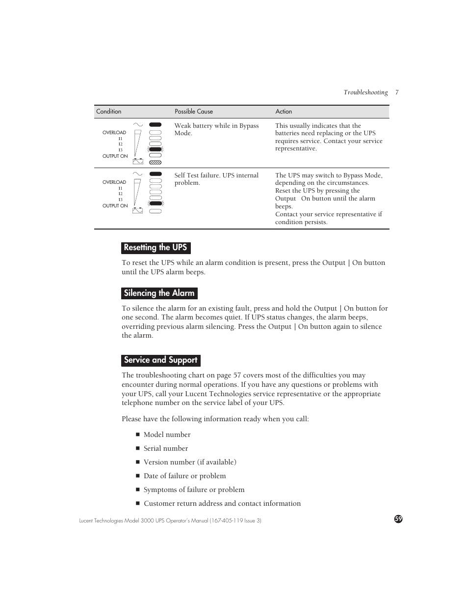 Resseting the ups, Silencing the alarm, Service and support | Resetting the ups | Lucent Technologies Uninterruptible Power Systems 3000 VA User Manual | Page 69 / 75