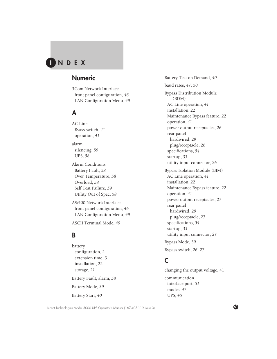 Index, Năădăăeăăx i, Numeric | Lucent Technologies Uninterruptible Power Systems 3000 VA User Manual | Page 71 / 75