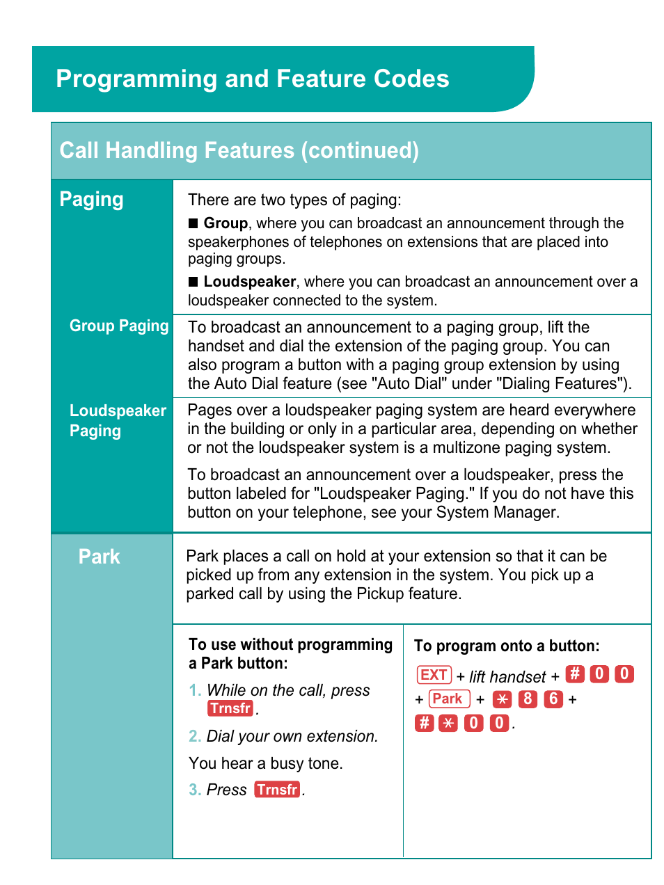 Programming and feature codes, Call handling features (continued), Paging | Park | Lucent Technologies Telephone Call Handling Back Panels: Front Panels 4406D+ User Manual | Page 11 / 12