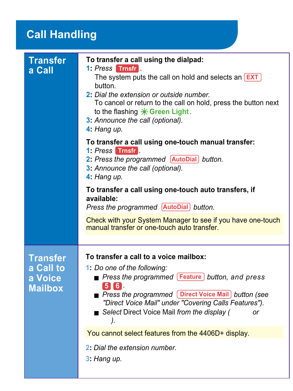 Call handling, Transfer a call to a voice mailbox, Transfer a call | Lucent Technologies Telephone Call Handling Back Panels: Front Panels 4406D+ User Manual | Page 6 / 12