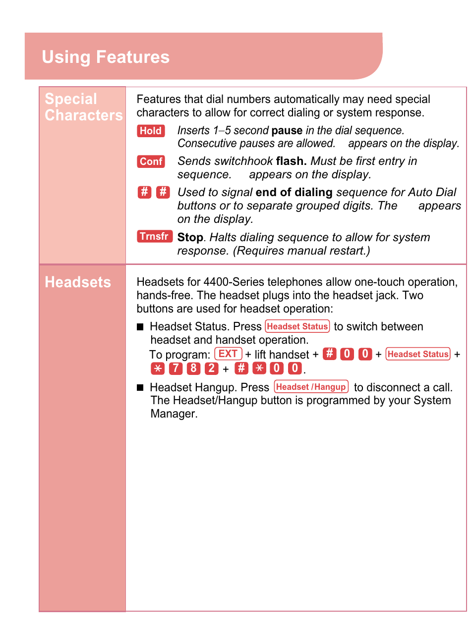 Using features, Special characters, Headsets | Lucent Technologies Telephone Call Handling Back Panels: Front Panels 4406D+ User Manual | Page 9 / 12