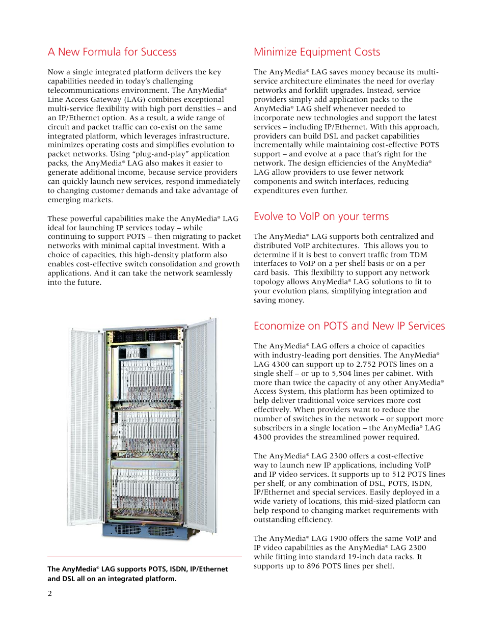 A new formula for success, Minimize equipment costs, Evolve to voip on your terms | Economize on pots and new ip services | Lucent Technologies AnyMedia Line Access Gateway User Manual | Page 2 / 4