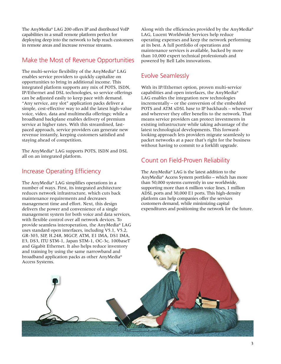Make the most of revenue opportunities, Increase operating efficiency, Evolve seamlessly | Count on field-proven reliability | Lucent Technologies AnyMedia Line Access Gateway User Manual | Page 3 / 4