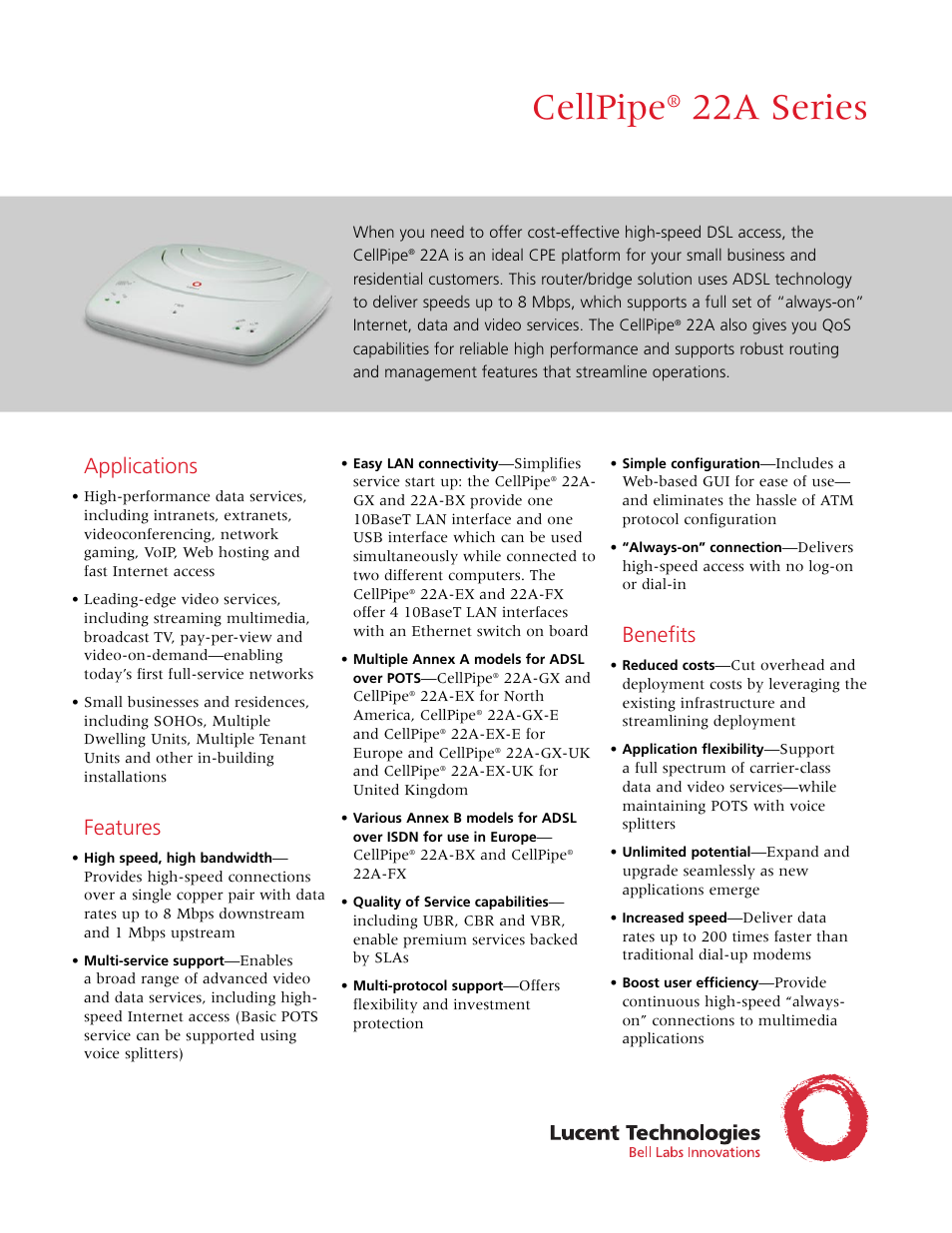 Lucent Technologies CellPipe 22A Series User Manual | 2 pages