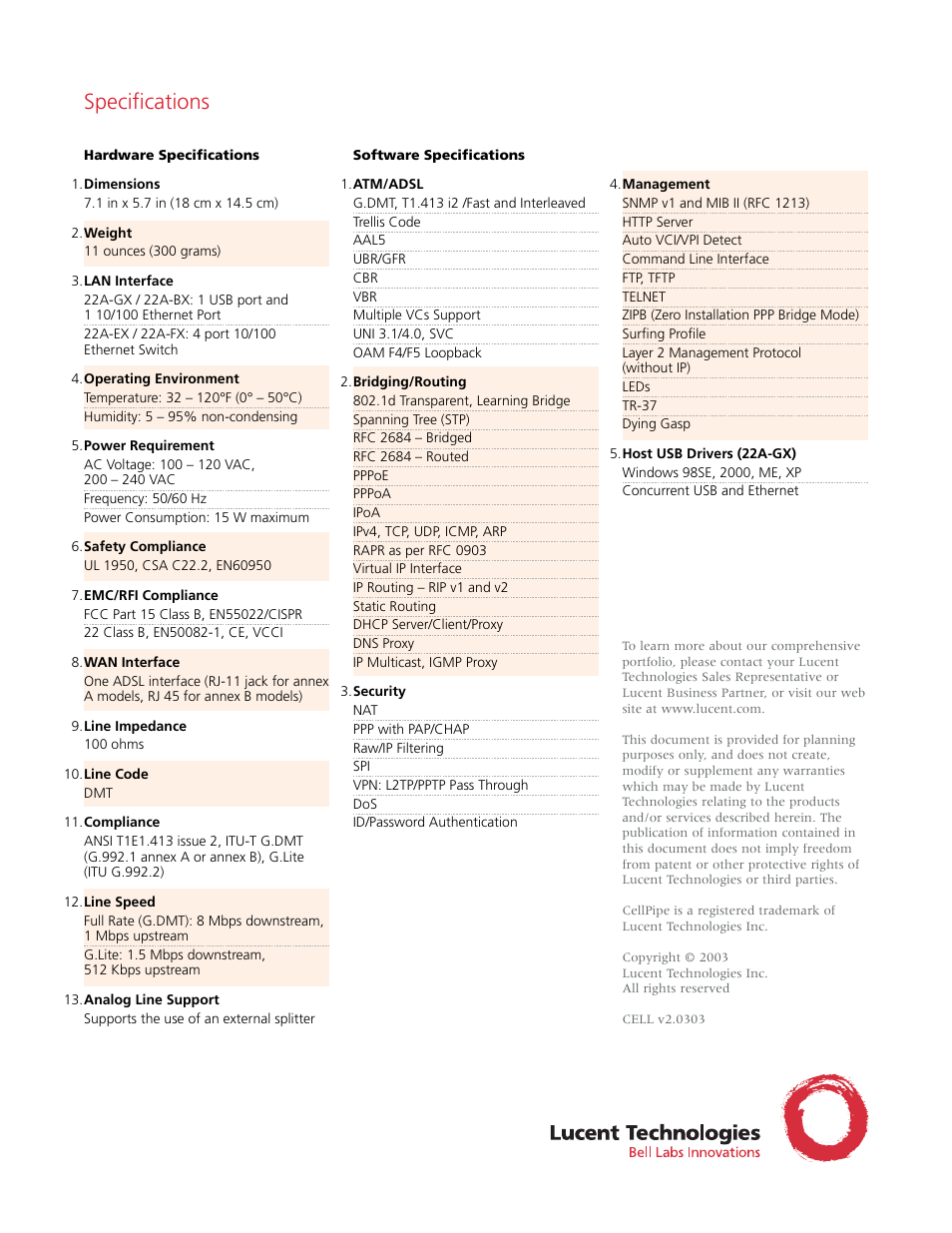 Specifications | Lucent Technologies CellPipe 22A Series User Manual | Page 2 / 2