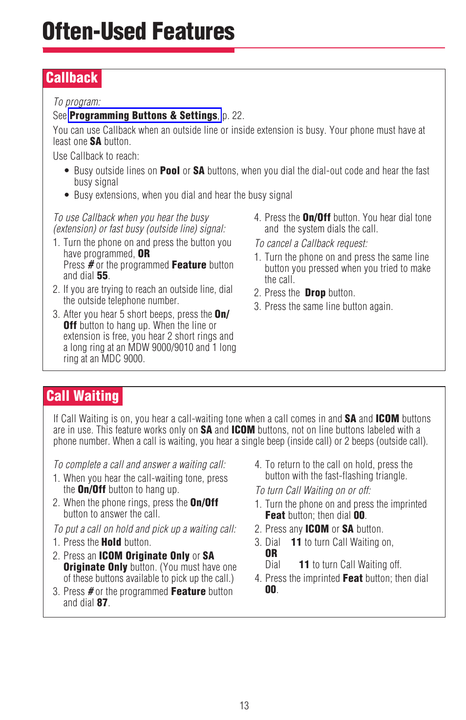 Callback, Call waiting, Callback, call waiting | Call waiting (see p. 13), Call, or returning callback call (see p. 13) on, See callback , p. 13, See call waiting , p. 13, Often-used features | Lucent Technologies MDW 9000/9010 User Manual | Page 15 / 28