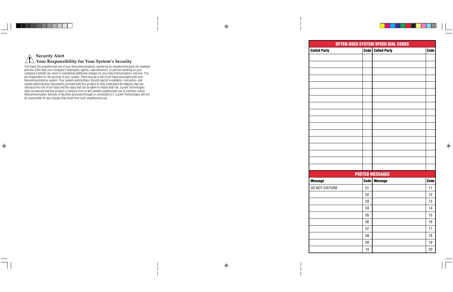 Often-used system speed dial codes posted messages | Lucent Technologies MDW 9000/9010 User Manual | Page 2 / 28
