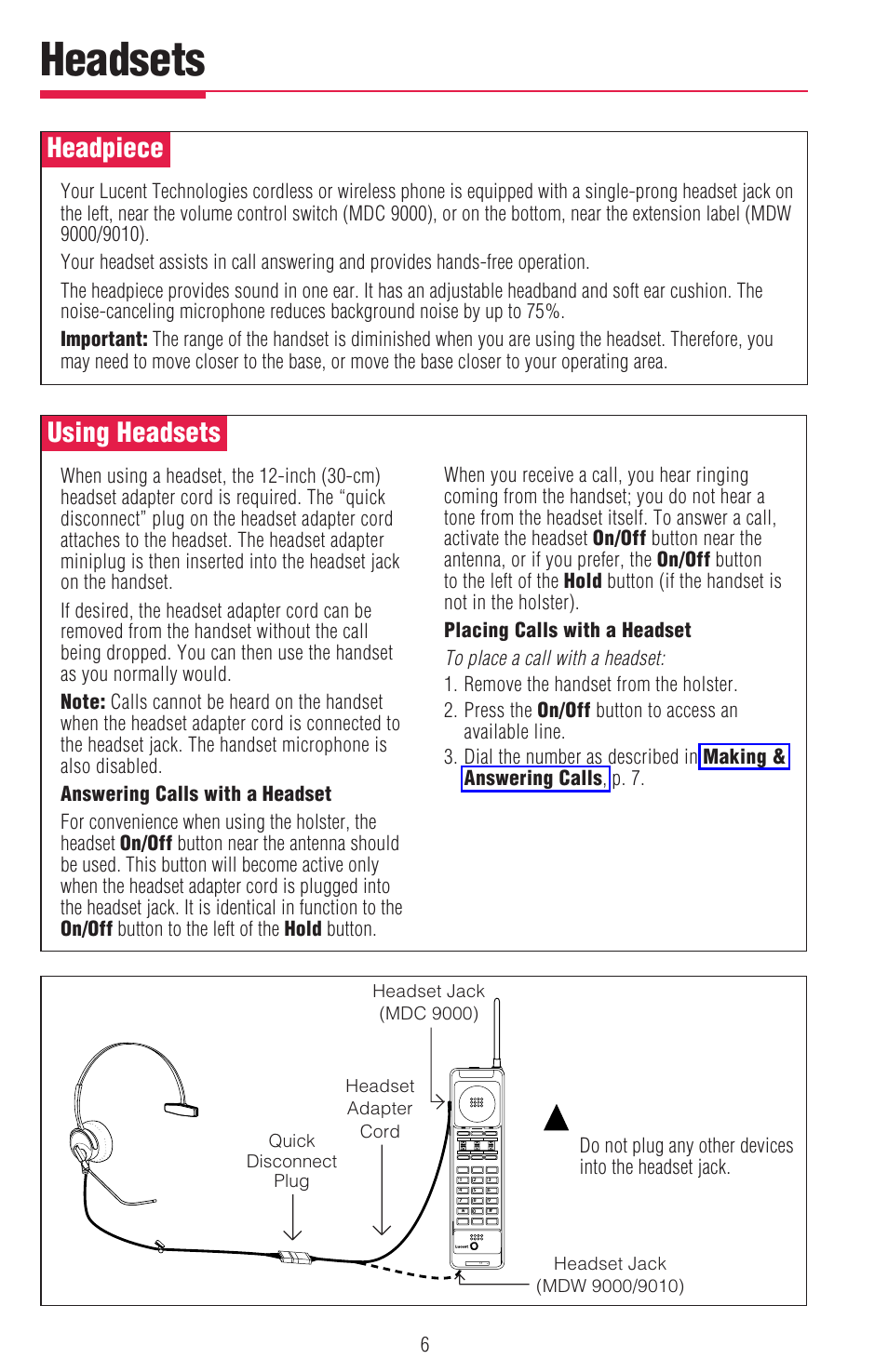 Headsets, Headpiece, Using headsets | Headpiece, using headsets, Headset, see p. 6 | Lucent Technologies MDW 9000/9010 User Manual | Page 8 / 28