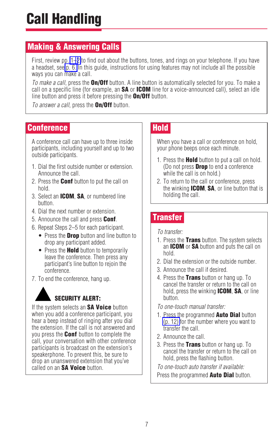 Call handling, Making & answering calls, Conference | Hold, Transfer, Your call (see p. 7), Another extension (see p. 7), See p. 7), Up (see p. 7), See conference , p. 7 | Lucent Technologies MDW 9000/9010 User Manual | Page 9 / 28