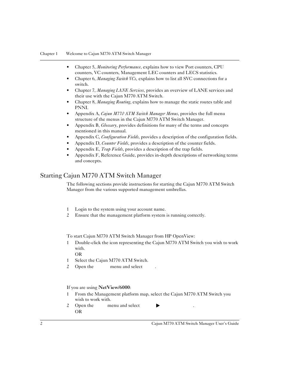 Starting cajun m770 atm switch manager, What to do first, Running cajun m770 atm switch manager from windows | Running cajun m770 atm switch manager from unix | Lucent Technologies M770 User Manual | Page 12 / 84