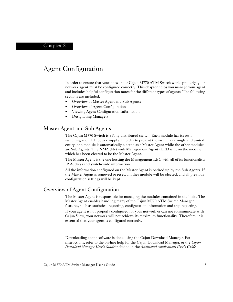 Agent configuration, Master agent and sub agents, Overview of agent configuration | Downloading new agent software, Chapter 2, Chapter 2, agent configuration | Lucent Technologies M770 User Manual | Page 17 / 84