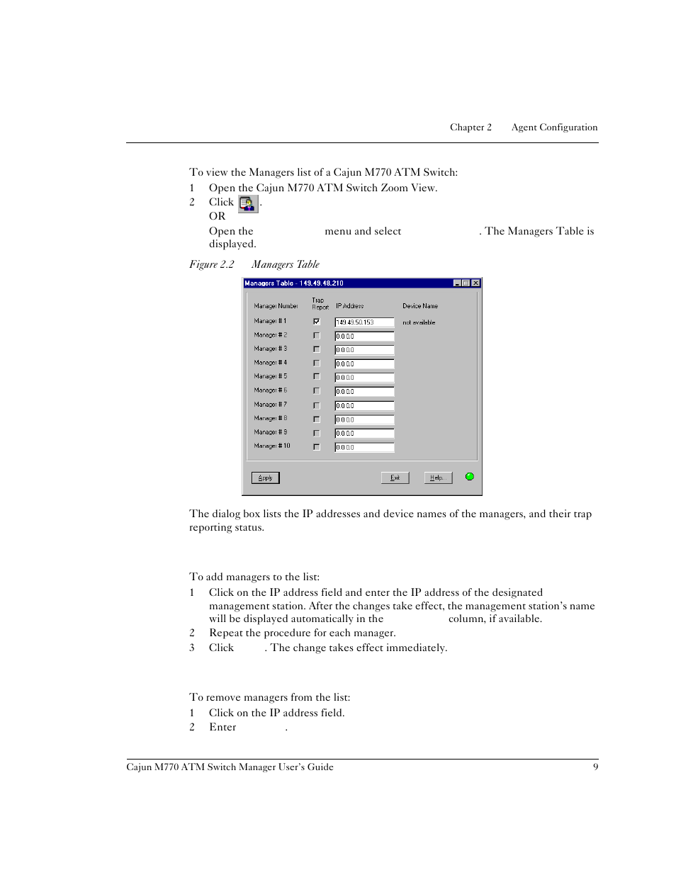 Viewing the managers table, Adding managers to the managers table, Removing managers from the managers table | Figure 2.2, Managers table | Lucent Technologies M770 User Manual | Page 19 / 84