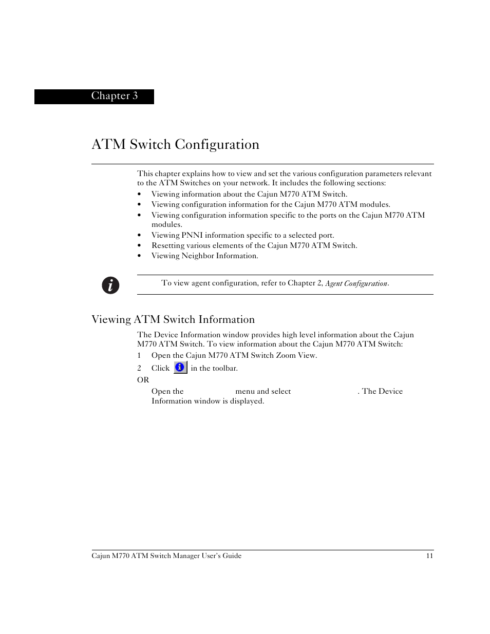 Atm switch configuration, Viewing atm switch information, Chapter 3 | Chapter 3, atm switch configuration | Lucent Technologies M770 User Manual | Page 21 / 84