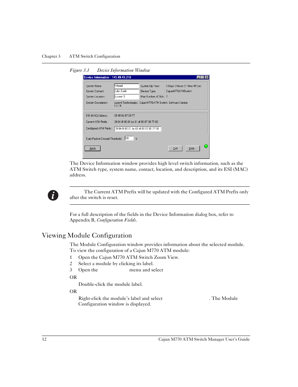 Viewing module configuration, Figure 3.1, Device information window | Lucent Technologies M770 User Manual | Page 22 / 84