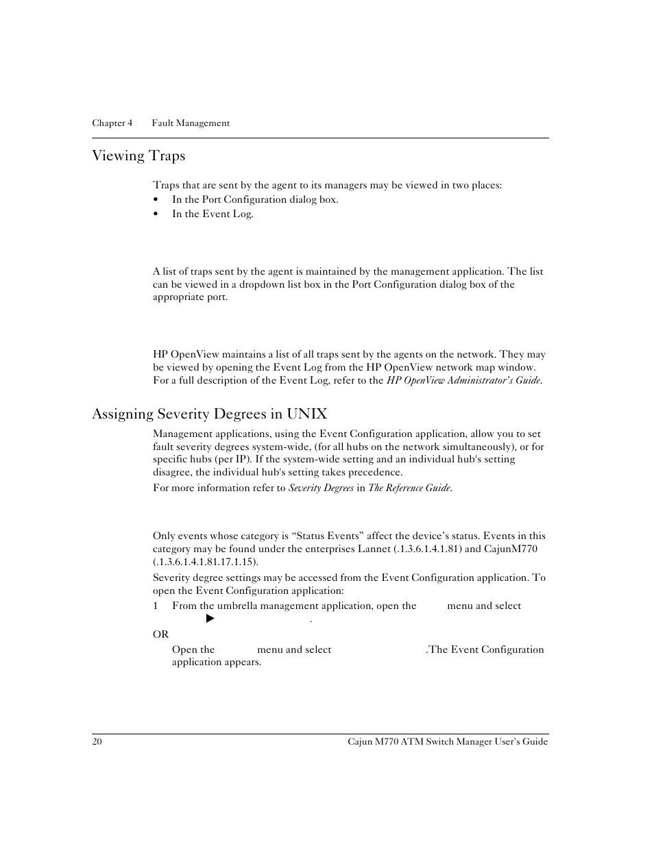 Viewing traps, Viewing traps in a dialog box, Viewing traps in the event log | Assigning severity degrees in unix, Accessing severity degrees | Lucent Technologies M770 User Manual | Page 30 / 84