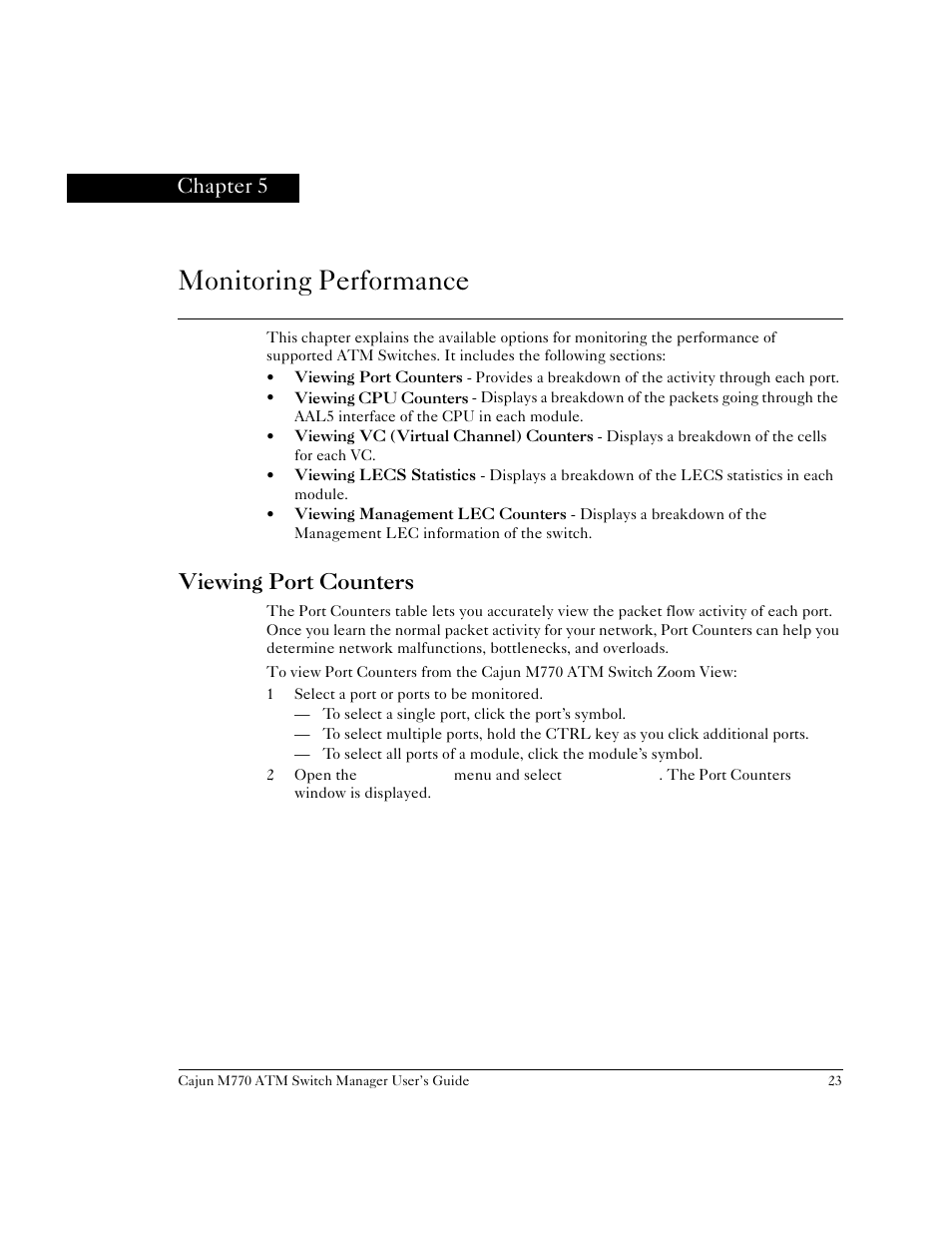 Monitoring performance, Viewing port counters, Chapter 5 | Monitoring performance viewing port counters, Chapter 5, monitoring performance | Lucent Technologies M770 User Manual | Page 33 / 84