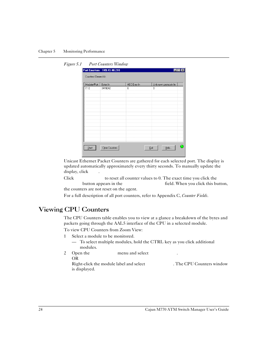 Viewing cpu counters, Figure 5.1, Port counters window | Lucent Technologies M770 User Manual | Page 34 / 84