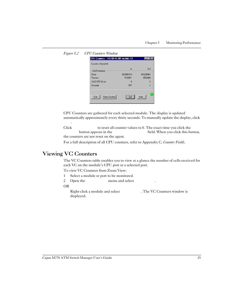 Viewing vc counters, Figure 5.2, Cpu counters window | Lucent Technologies M770 User Manual | Page 35 / 84
