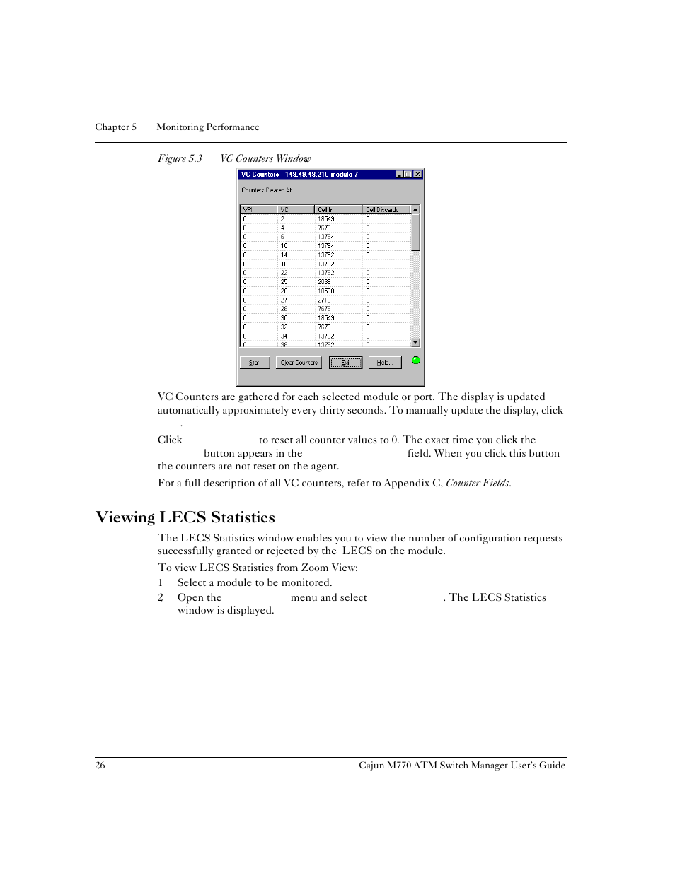 Viewing lecs statistics, Figure 5.3, Vc counters window | Lucent Technologies M770 User Manual | Page 36 / 84