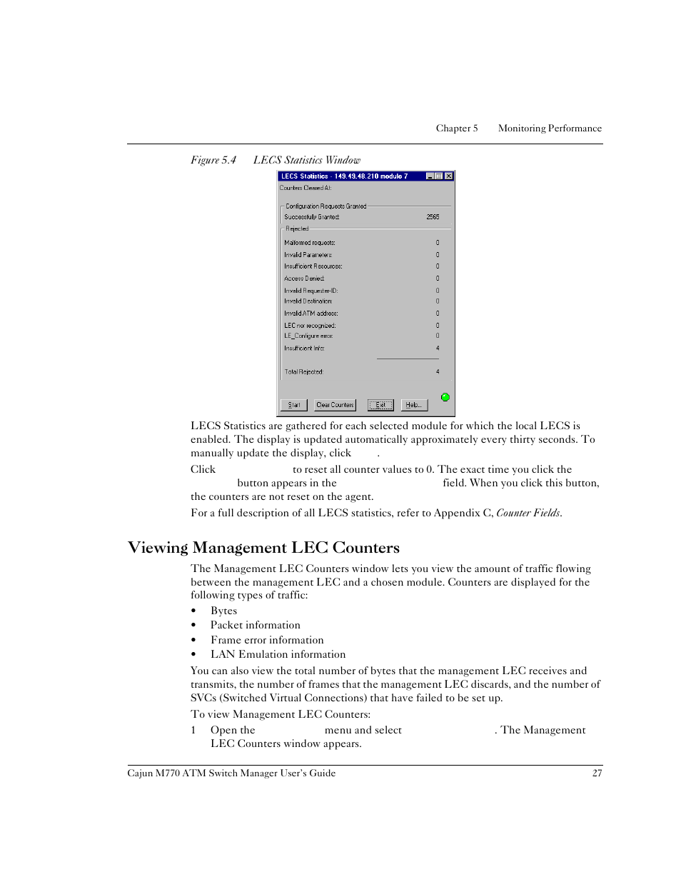 Viewing management lec counters, Figure 5.4, Lecs statistics window | Lucent Technologies M770 User Manual | Page 37 / 84