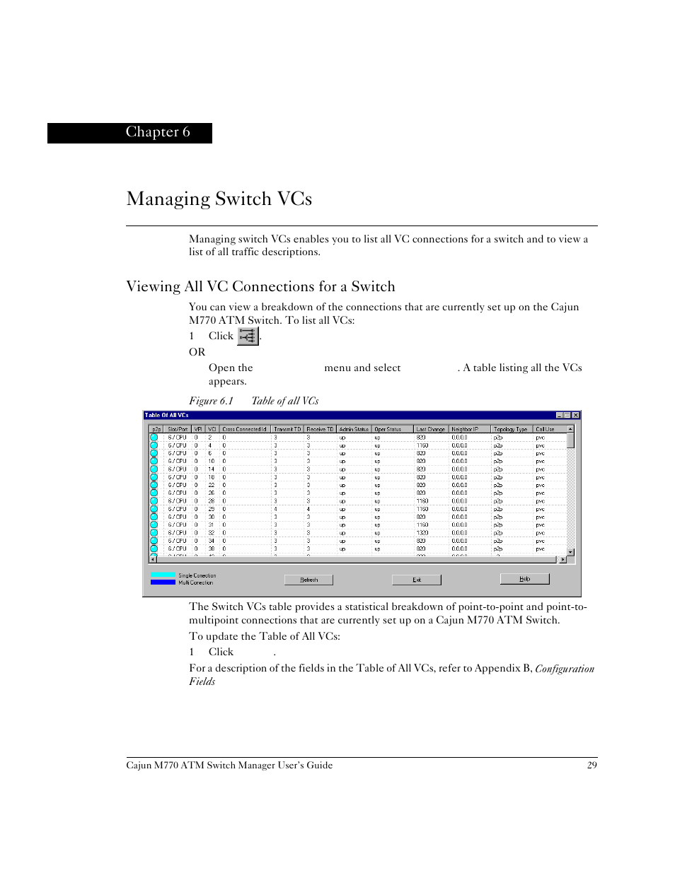 Managing switch vcs, Viewing all vc connections for a switch, Chapter 6 | Figure 6.1, Chapter 6, managing switch vcs | Lucent Technologies M770 User Manual | Page 39 / 84