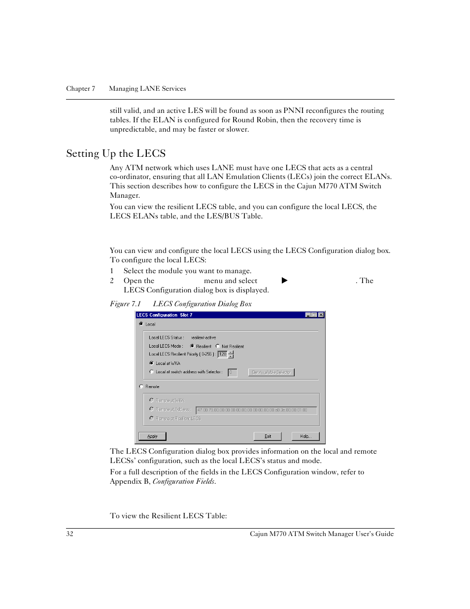 Setting up the lecs, Configuring the local lecs, Viewing resilient lecs table | Figure 7.1, Lecs configuration dialog box | Lucent Technologies M770 User Manual | Page 42 / 84