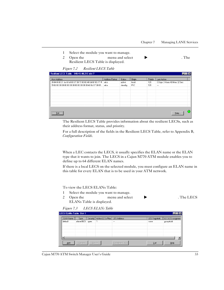 Configuring the lecs elans table, Viewing the lecs elans table, Figure 7.2 | Resilient lecs table, Figure 7.3, Lecs elans table | Lucent Technologies M770 User Manual | Page 43 / 84
