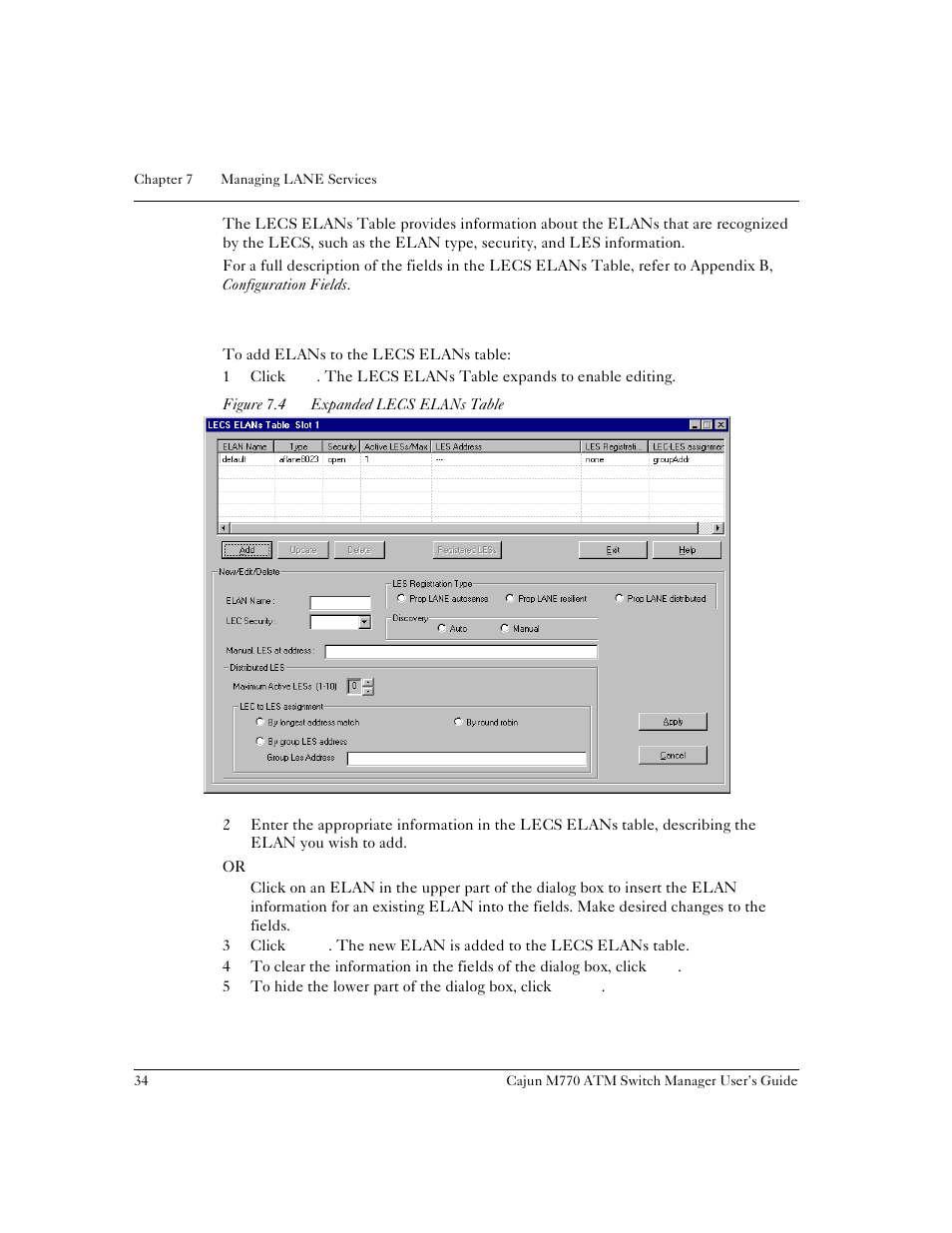 Adding elans, Figure 7.4, Expanded lecs elans table | Lucent Technologies M770 User Manual | Page 44 / 84