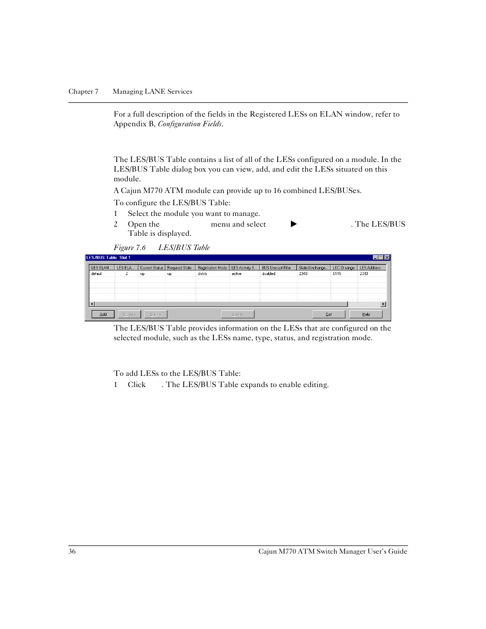 Configuring the les/bus table, Adding less, Figure 7.6 | Les/bus table | Lucent Technologies M770 User Manual | Page 46 / 84