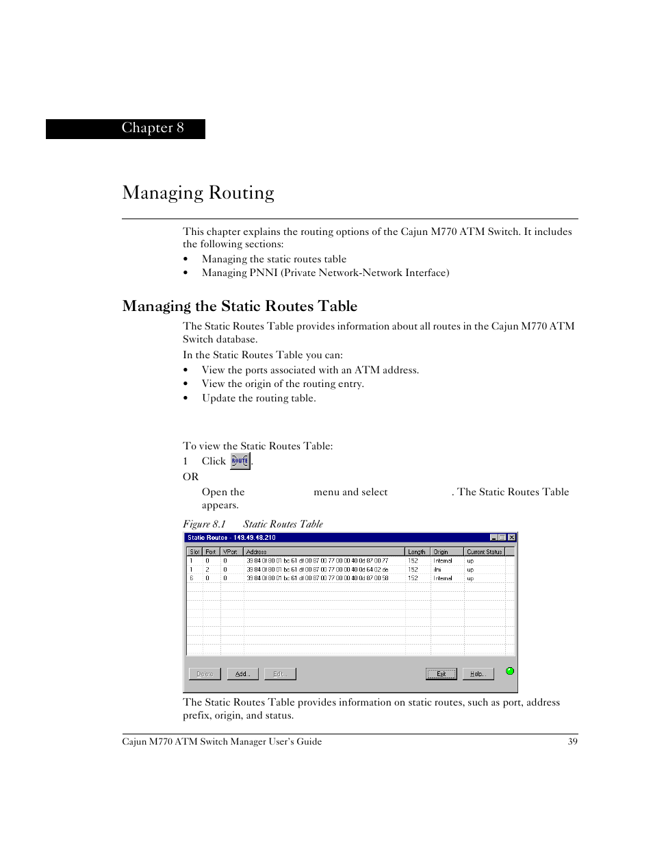 Managing routing, Managing the static routes table, Viewing the static routes table | Chapter 8, Managing routing managing the static routes table, Figure 8.1, Static routes table, Chapter 8, managing routing | Lucent Technologies M770 User Manual | Page 49 / 84