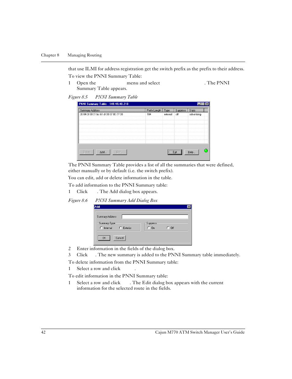 Figure 8.5, Pnni summary table, Figure 8.6 | Pnni summary add dialog box | Lucent Technologies M770 User Manual | Page 52 / 84