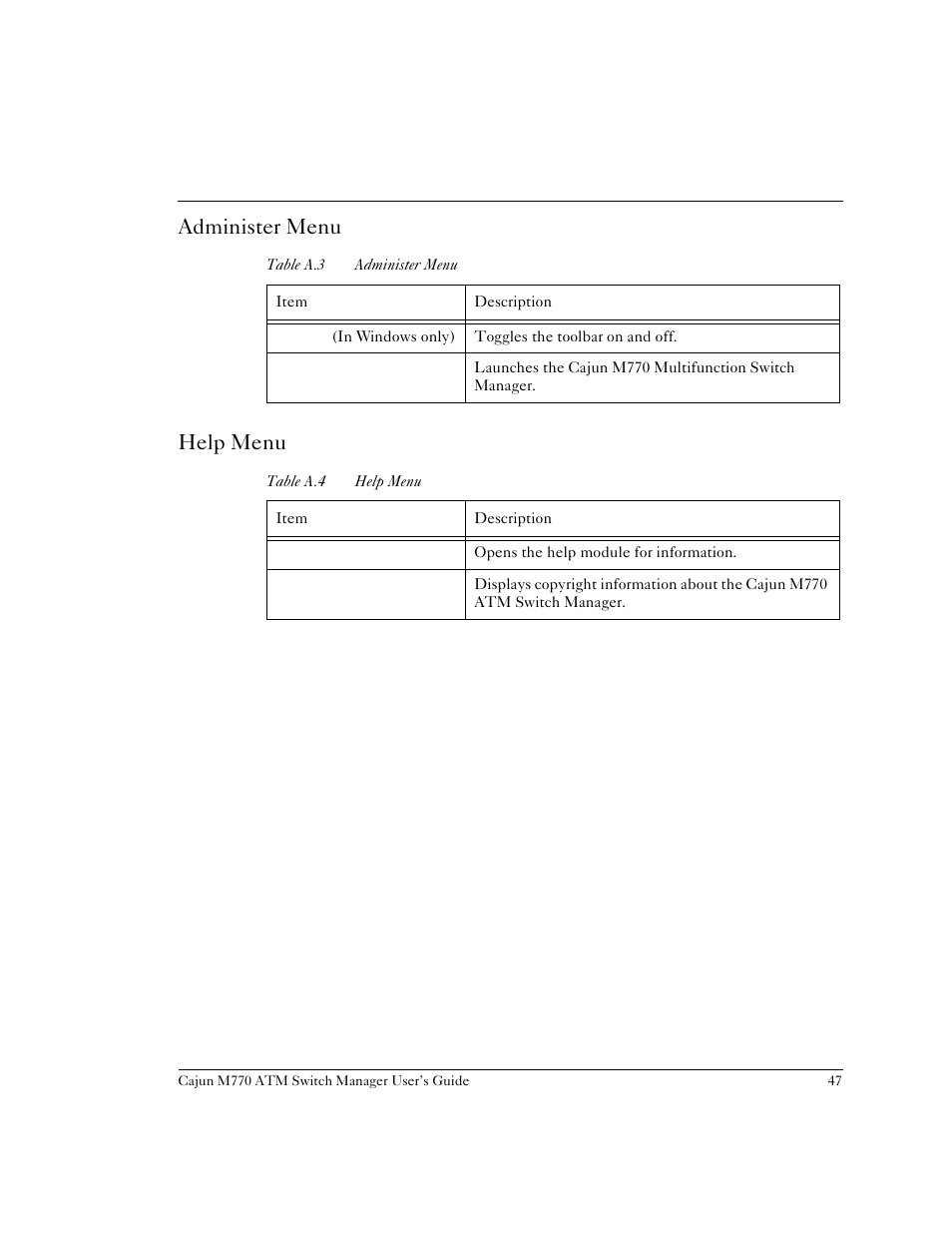 Administer menu, Help menu, Administer menu help menu | Table a.3, Table a.4 | Lucent Technologies M770 User Manual | Page 57 / 84