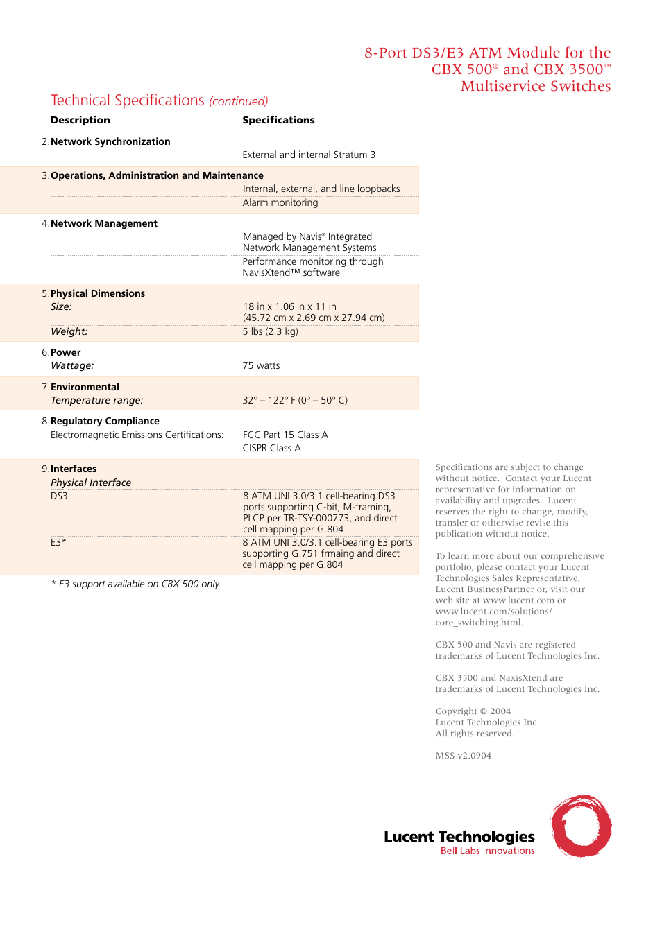 Technical specifications, And cbx 3500, Multiservice switches | Lucent Technologies ATM Module 8-Port DS3/E3 User Manual | Page 2 / 2