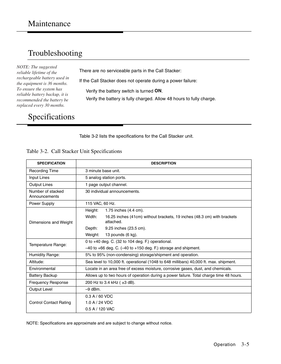 Maintenance, Troubleshooting, Specifications | Maintenance 3-5, Troubleshooting 3-5, Specifications 3-5, Maintenance troubleshooting, Table 3-2. call stacker unit specifications | Lucent Technologies LULCST User Manual | Page 19 / 19