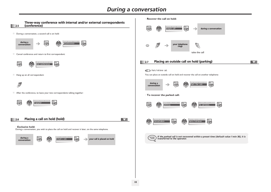 Placing a call on hold (hold), Placing an outside call on hold (parking), P.10 | During a conversation | Lucent Technologies IP Touch WLAN Handset 610 User Manual | Page 10 / 27