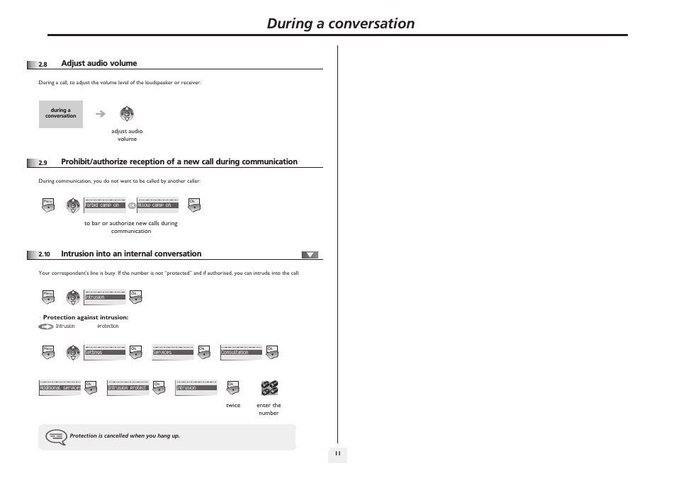 Adjust audio volume, Intrusion into an internal conversation, P.11 | During a conversation | Lucent Technologies IP Touch WLAN Handset 610 User Manual | Page 11 / 27