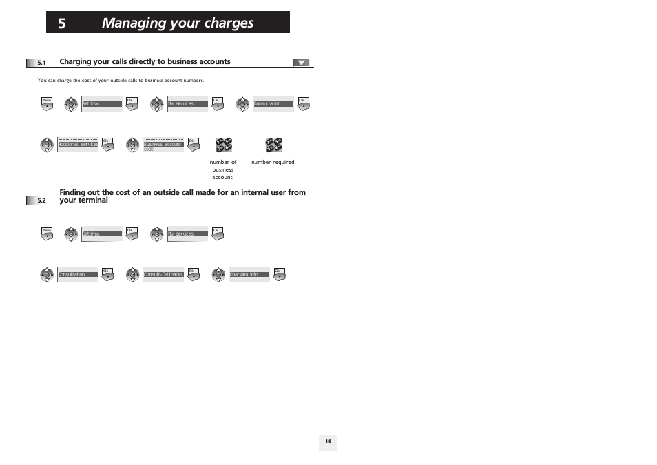 Charging your calls directly to business accounts, P.18, Managing your charges | Number of business account; number required | Lucent Technologies IP Touch WLAN Handset 610 User Manual | Page 18 / 27