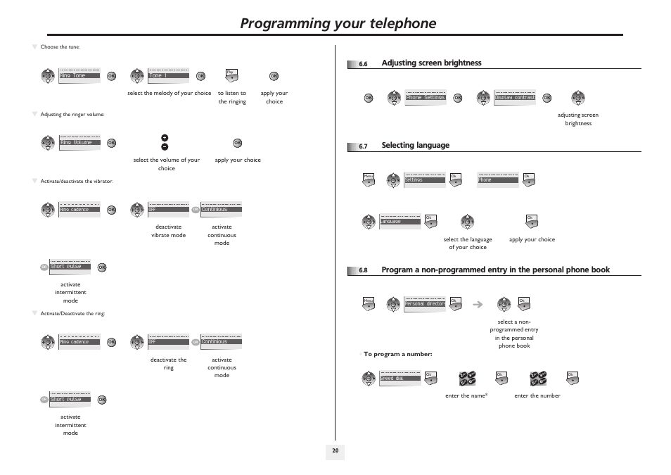 Adjusting screen brightness, Selecting language, P.20 | Programming your telephone | Lucent Technologies IP Touch WLAN Handset 610 User Manual | Page 20 / 27