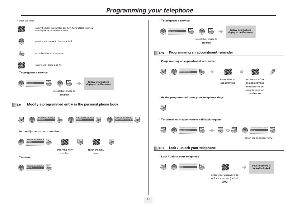 Programming an appointment reminder, Lock / unlock your telephone, P.21 | Programming your telephone | Lucent Technologies IP Touch WLAN Handset 610 User Manual | Page 21 / 27