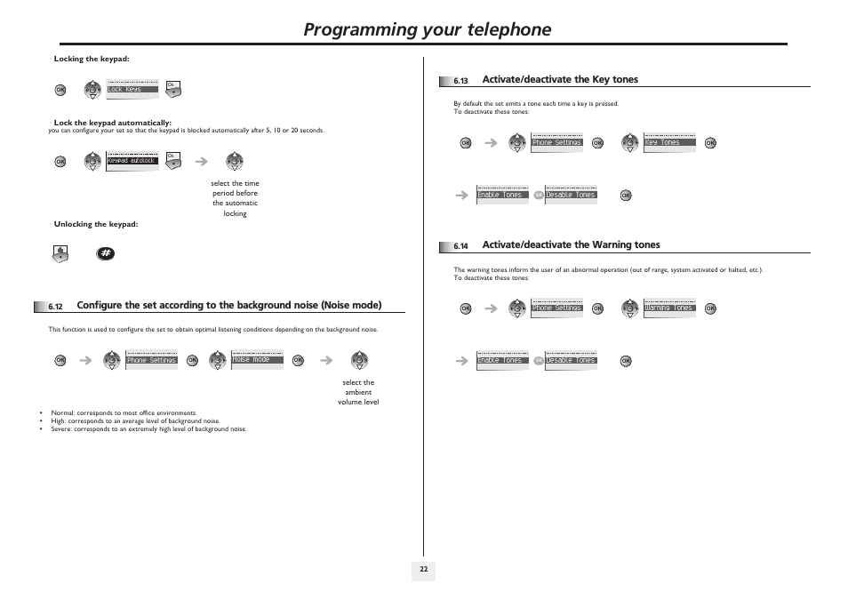 Activate/deactivate the key tones, Activate/deactivate the warning tones, P.22 | Programming your telephone | Lucent Technologies IP Touch WLAN Handset 610 User Manual | Page 22 / 27