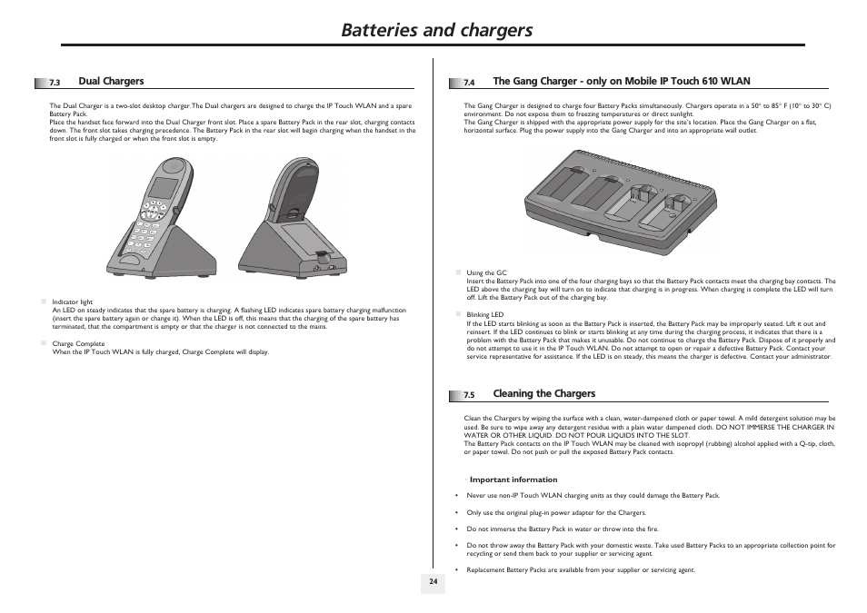 Dual chargers, Cleaning the chargers, P.24 | Batteries and chargers | Lucent Technologies IP Touch WLAN Handset 610 User Manual | Page 24 / 27