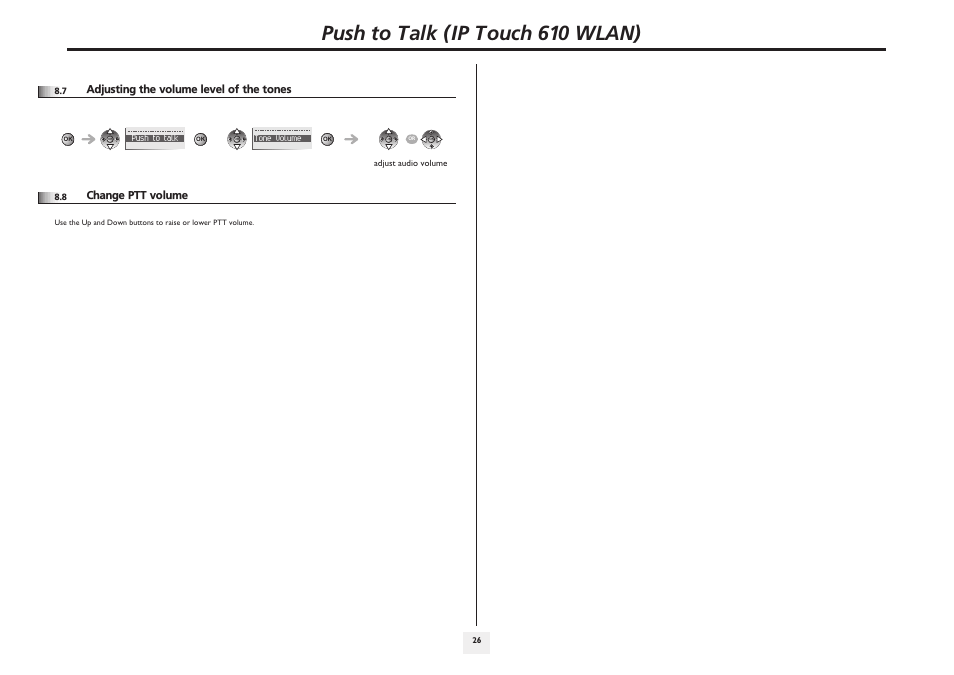 Adjusting the volume level of the tones, Change ptt volume, P.26 | Push to talk (ip touch 610 wlan) | Lucent Technologies IP Touch WLAN Handset 610 User Manual | Page 26 / 27