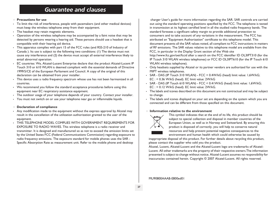 Guarantee and clauses | Lucent Technologies IP Touch WLAN Handset 610 User Manual | Page 27 / 27