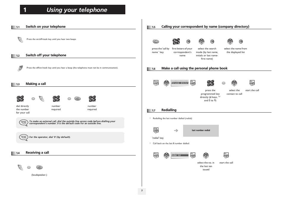 Switch on your telephone, Switch off your telephone, Making a call | Receiving a call, Make a call using the personal phone book, Redialling, Using your telephone 1 | Lucent Technologies IP Touch WLAN Handset 610 User Manual | Page 7 / 27