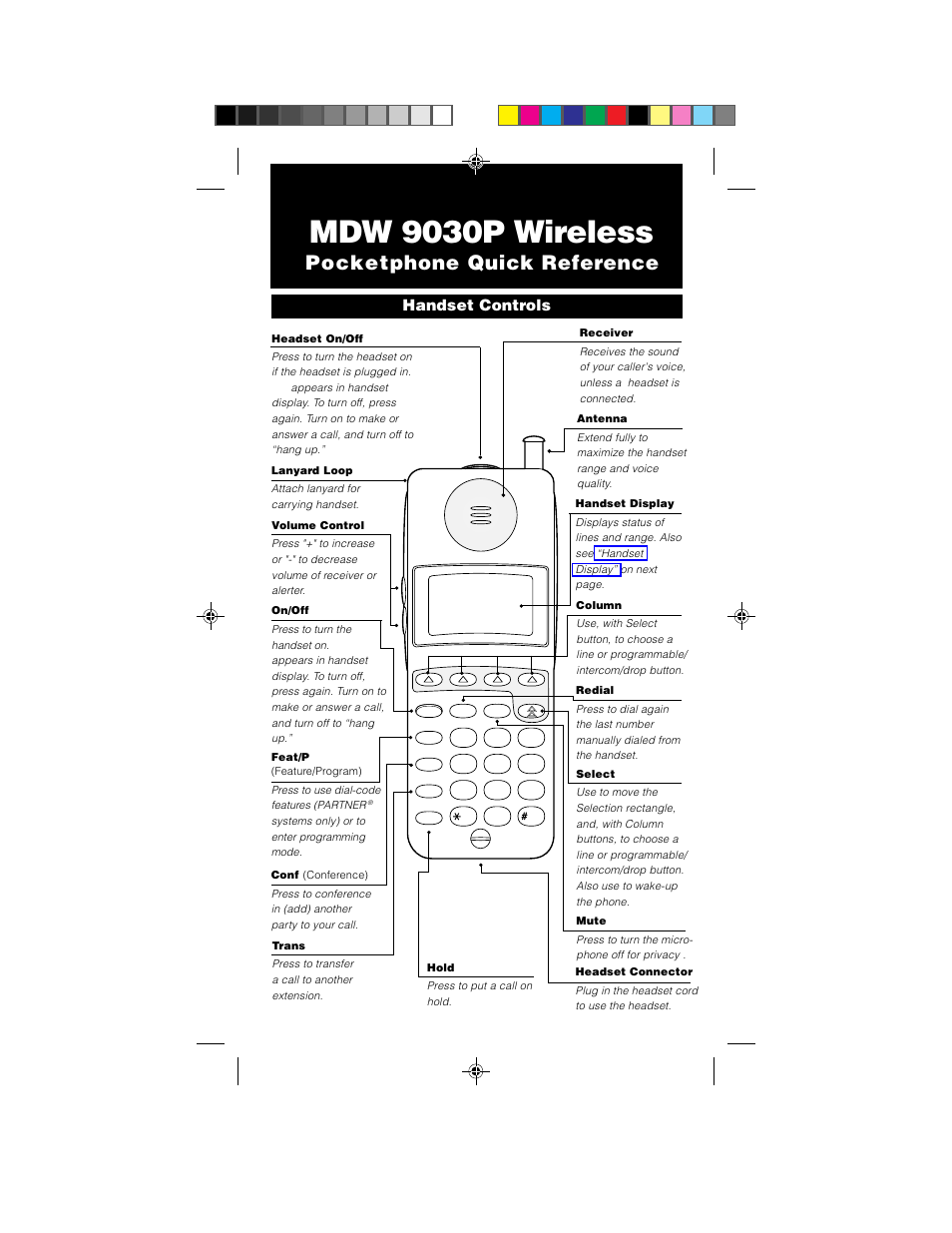 Handset controls, Mdw 9030p wireless, Pocketphone quick reference | Lucent Technologies MDW 9030P User Manual | Page 2 / 5