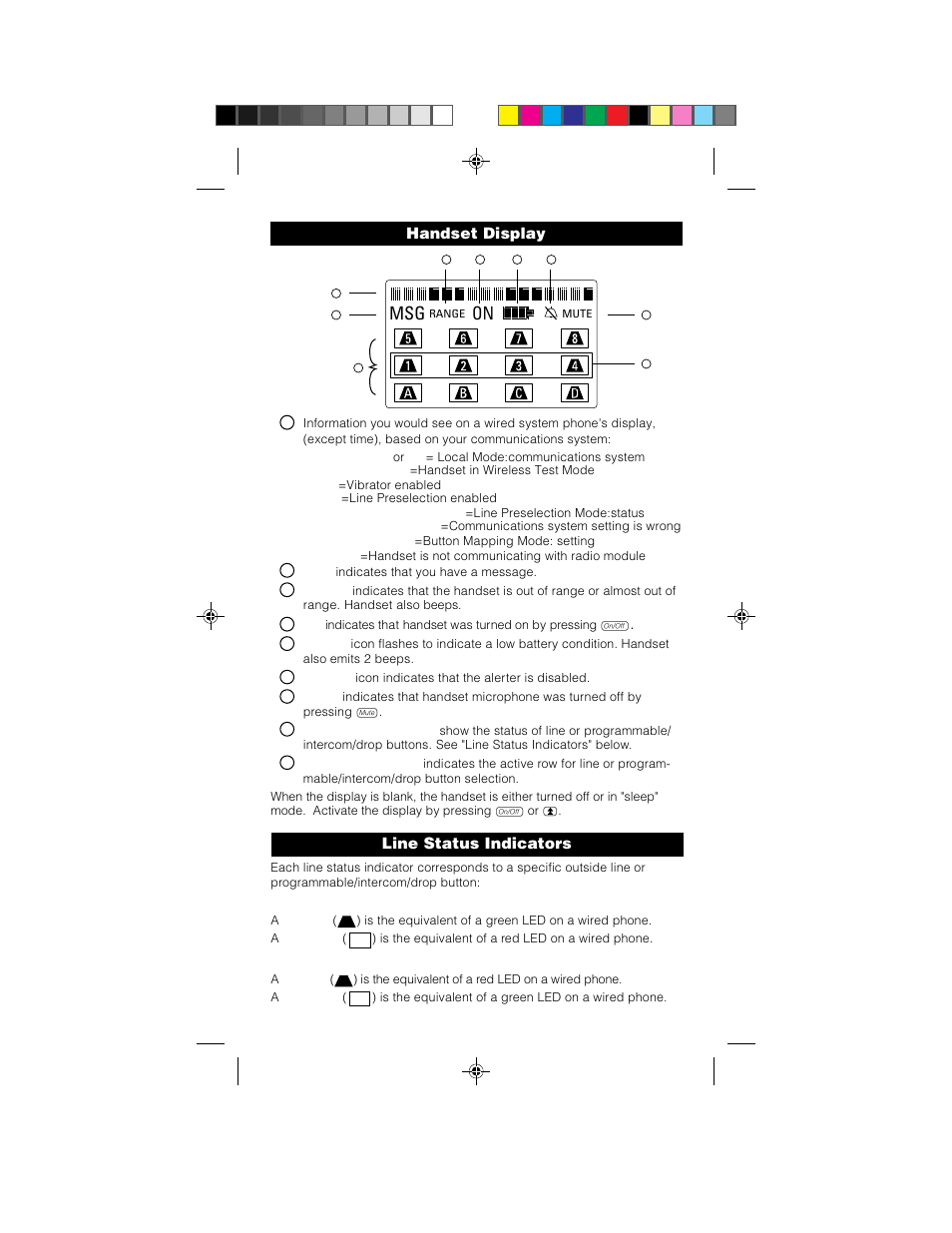Handset display, Line status indicators, Msg on | Lucent Technologies MDW 9030P User Manual | Page 3 / 5