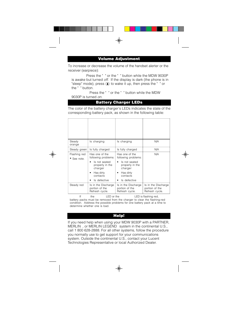 Volume adjustment, Battery charger leds, Help | Lucent Technologies MDW 9030P User Manual | Page 4 / 5